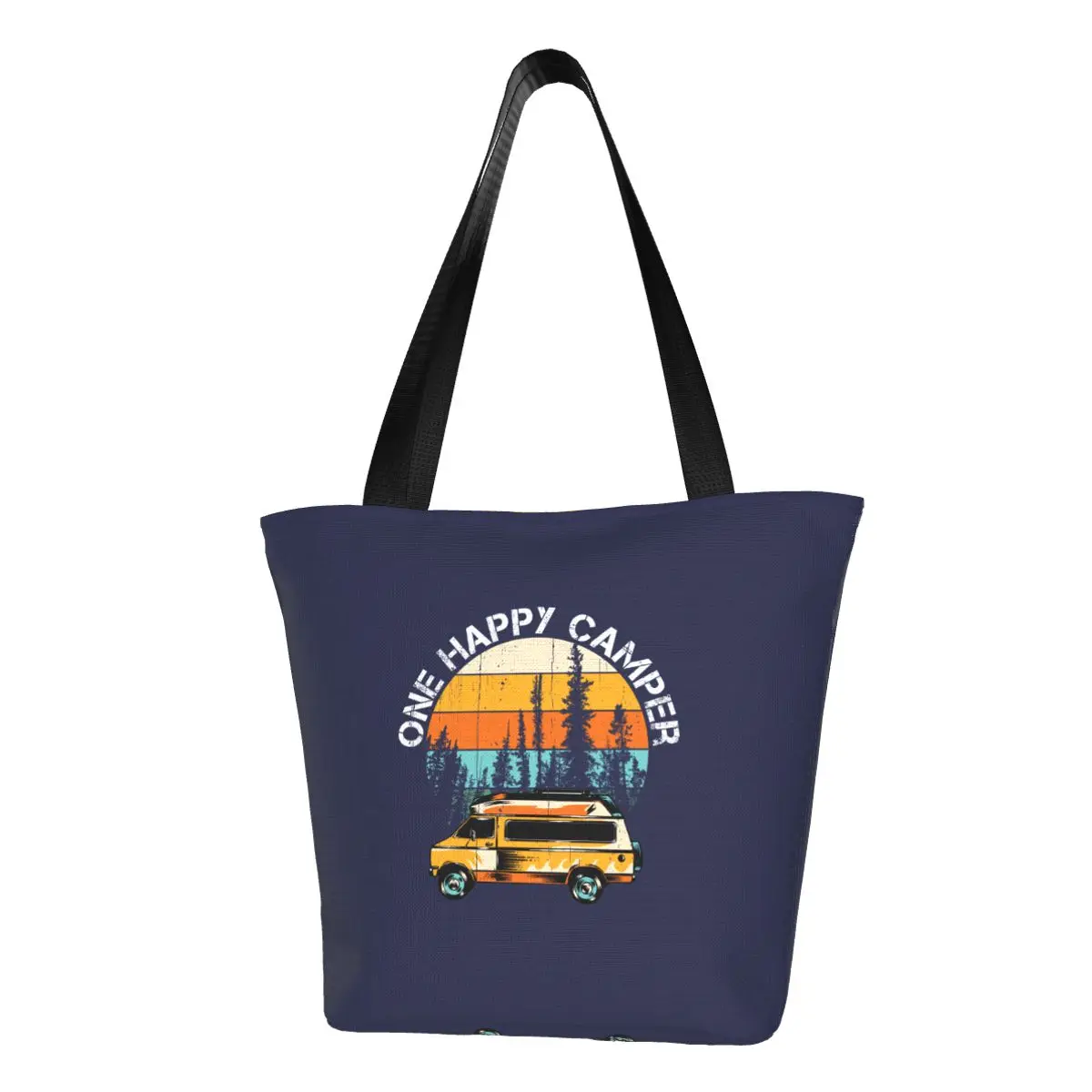 Vintage Sunset Happy Camper Shopping Bag Shoulder Canvas Tote Bag Portable Adventure Camping Travel Car Grocery Shopper Bags