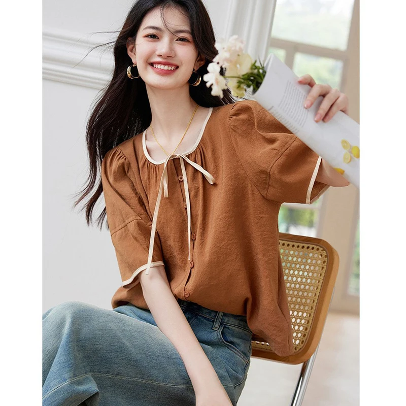 موضة س الرقبة تقسم الكورية الدانتيل يصل القوس القمصان الملابس النسائية 2025 صيف جديد فضفاض بلون كل مباراة بلايز بلوزات غير رسمية