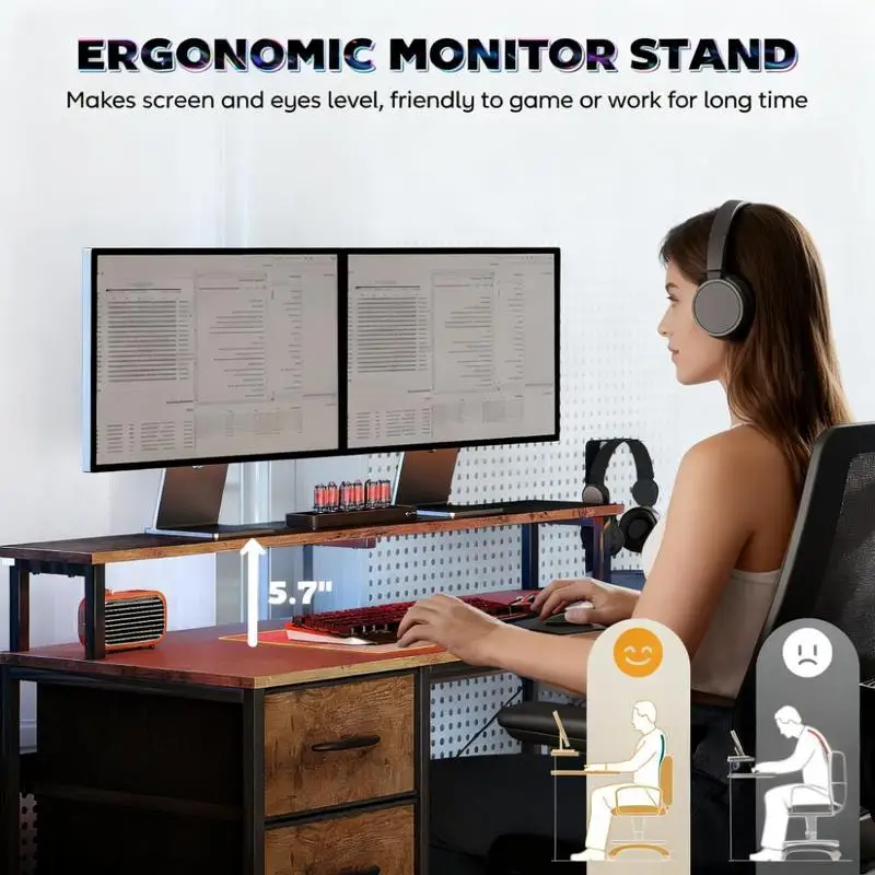 مكتب زاوية مع درج ملفات ومنافذ طاقة وأضواء LED للاستخدام المنزلي/المكتب