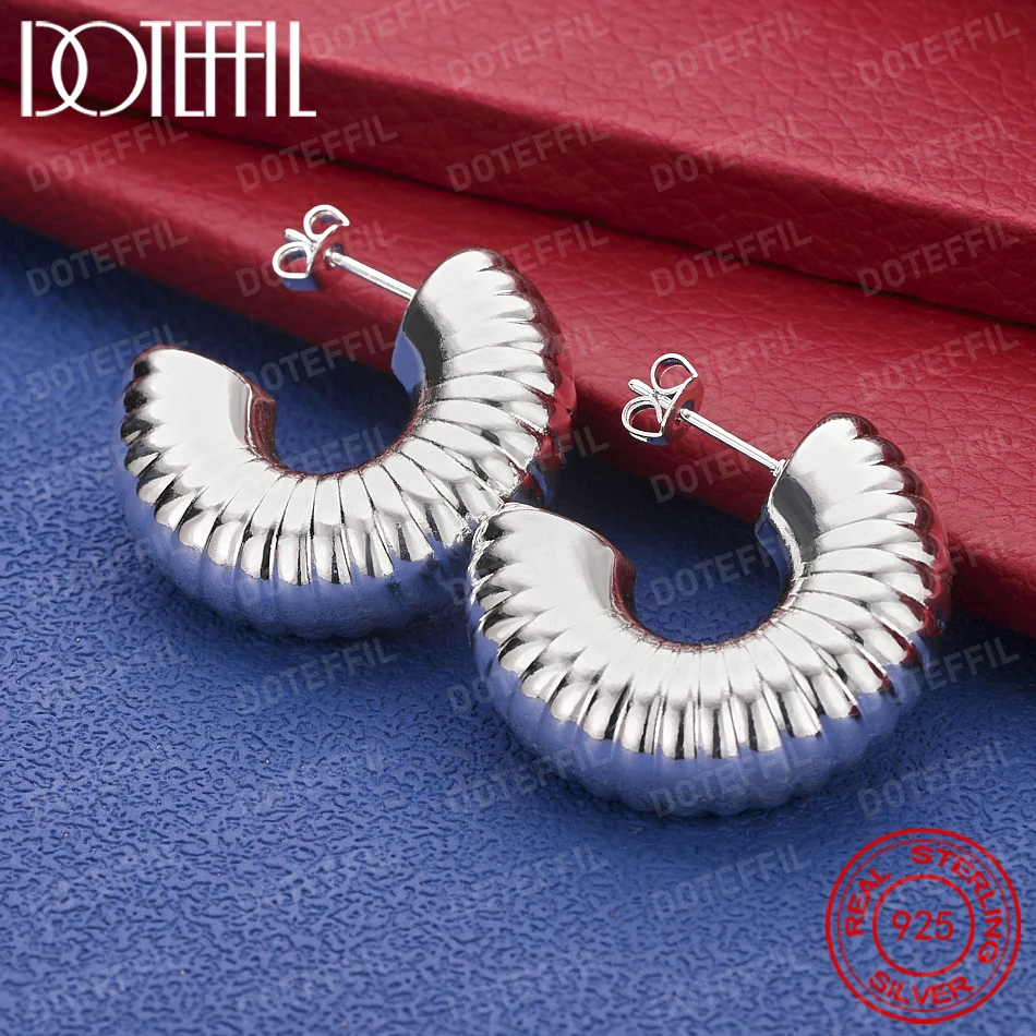 925 Sterling Silber Zarte Vertikal Gestreifte C-förmige Ohrstecker für Damen, Eleganter Schmuck für Partys und Hochzeiten