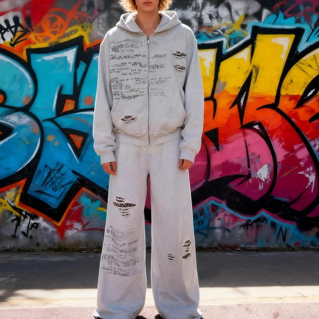 

Винтажный школьный наряд в стиле хип-хоп, рваная толстовка с длинными рукавами, свободные прямые эластичные брюки, модный комплект одежды для улицы для подростков