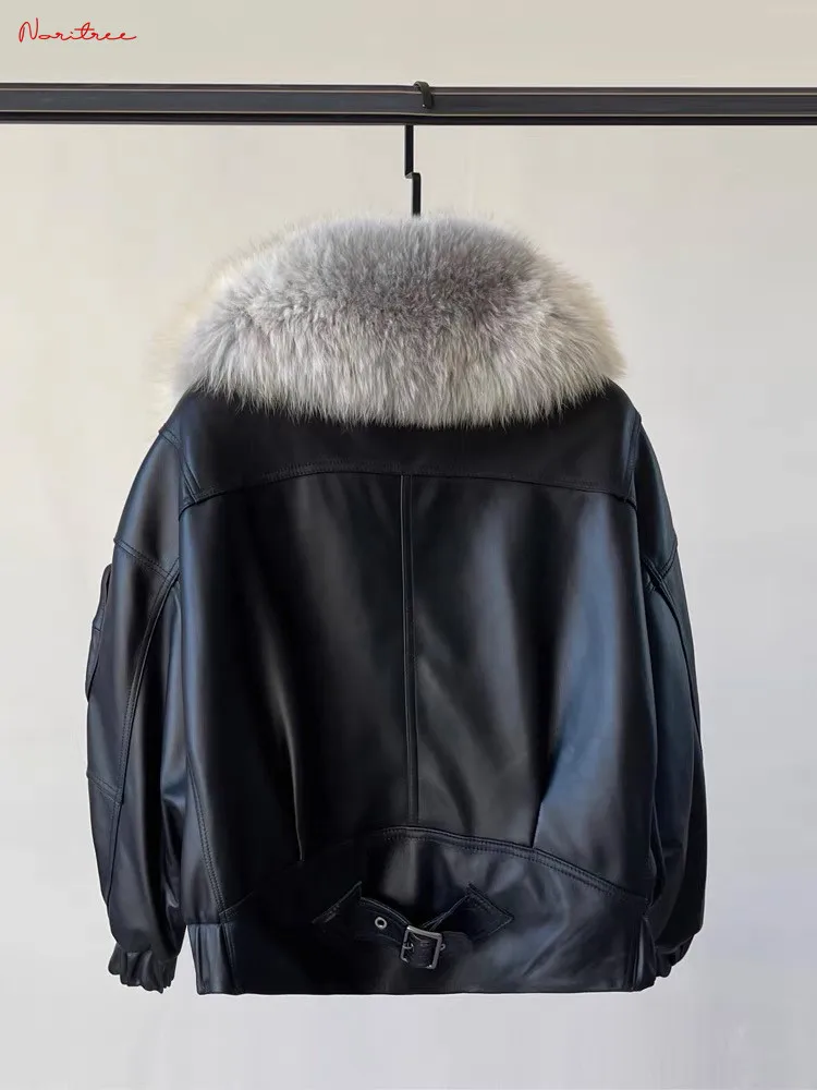 Real Leather Jacekts Natural Sheep Leather Coats Female Big Real Fox Fur Collar Cotton Coats Real Leather Jackets wy1846