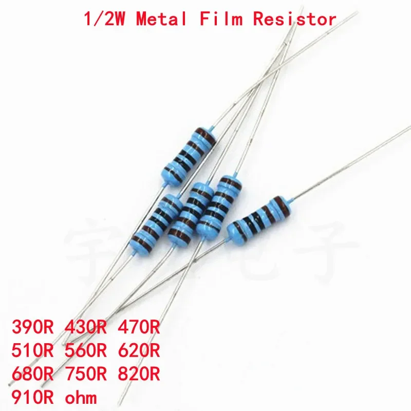 Résistance à film métallique 1% 390R 430R 470R 510R 560R 620R 680R execute R 820R 910R Ohm, précision de haute qualité 390 430 470, 1/2W, 50 pièces