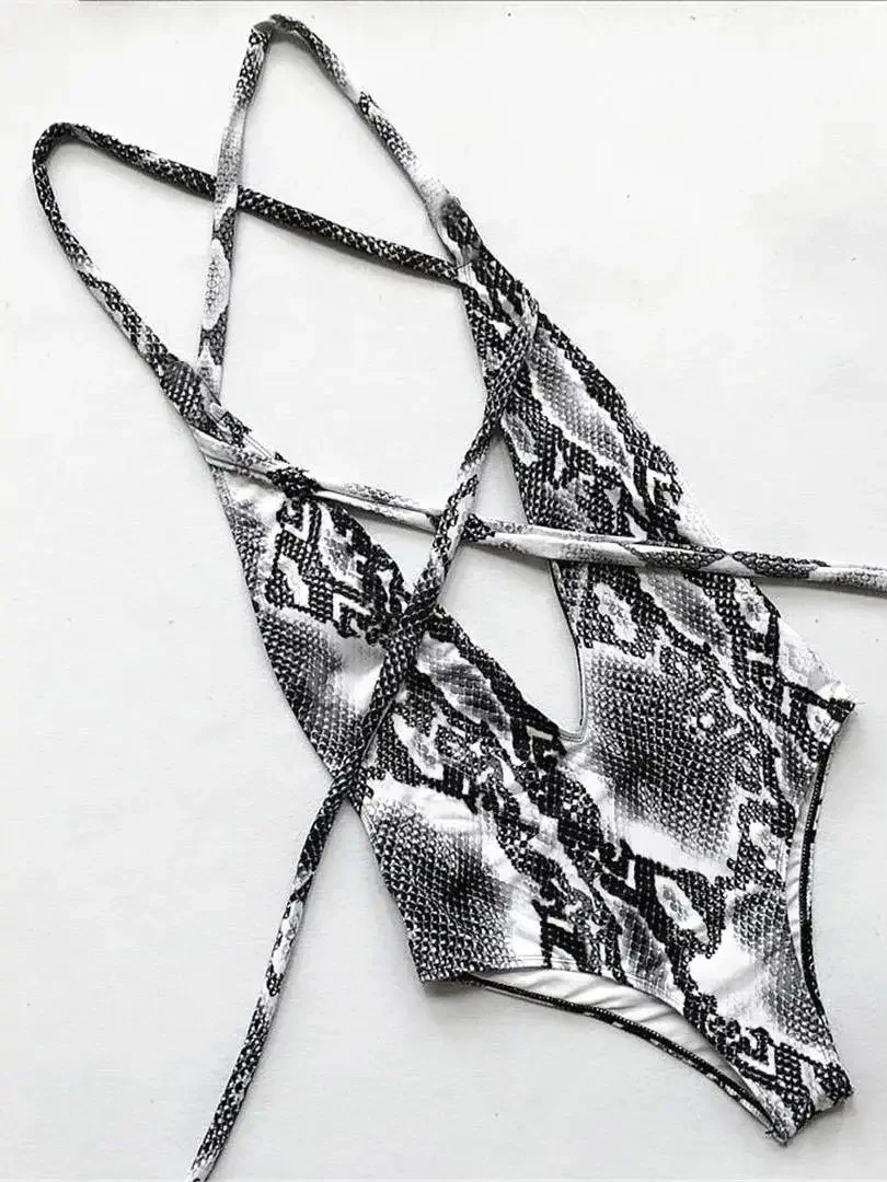 2026 Long Strap Wrap Around Swim Suit For One Piece Swimsuit Women Swimwear Female Bather Snake Print Bathing Suit Beach V852
