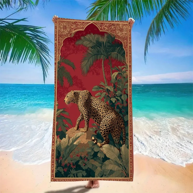 Vintage Red Jungle Leopard Beach Towel - Super Absorbent Quick Dry Microfiber Bath Blanket Exotic Palm Art for Picnic & Seaside