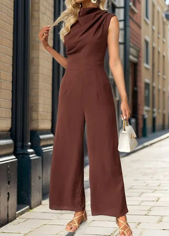 จั๊มสูทผู้หญิง 2026 ฤดูร้อน ทรงเข้ารูป แฟชั่นสไตล์อังกฤษ เรียบง่าย คอตั้ง ดีไซน์จีบ เอวสูง ทรงขาตรง