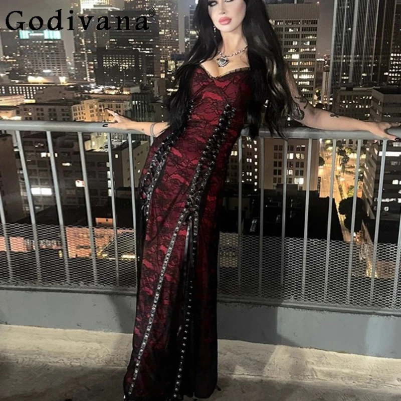Abito con cinturino a doppio strato in pizzo stile gotico Abito da donna stile punk rosso e nero Abito lungo sexy Lolita estivo femminile