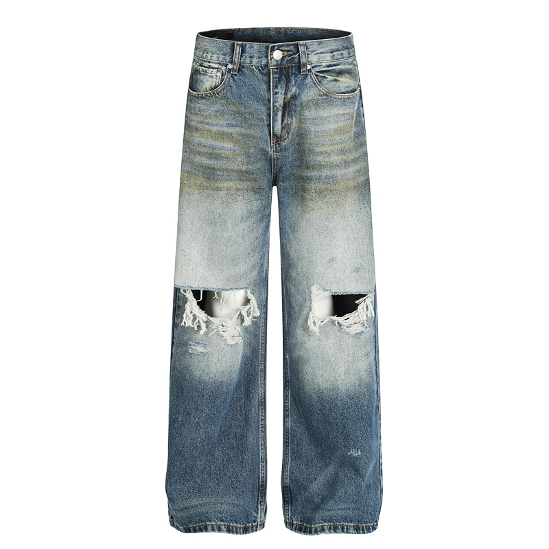 

American Retro Washed Knee Slit A-Line Loose Straight Hole Denim Jeans Casual Summer Jeans for Teenagers Straight Leg Jeans
