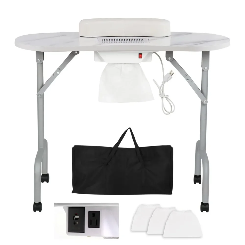 

Nail Desk Foldable with Charging Station & Dust Collector Professional Nail Tech Table for Salon Workstation, White Marbled