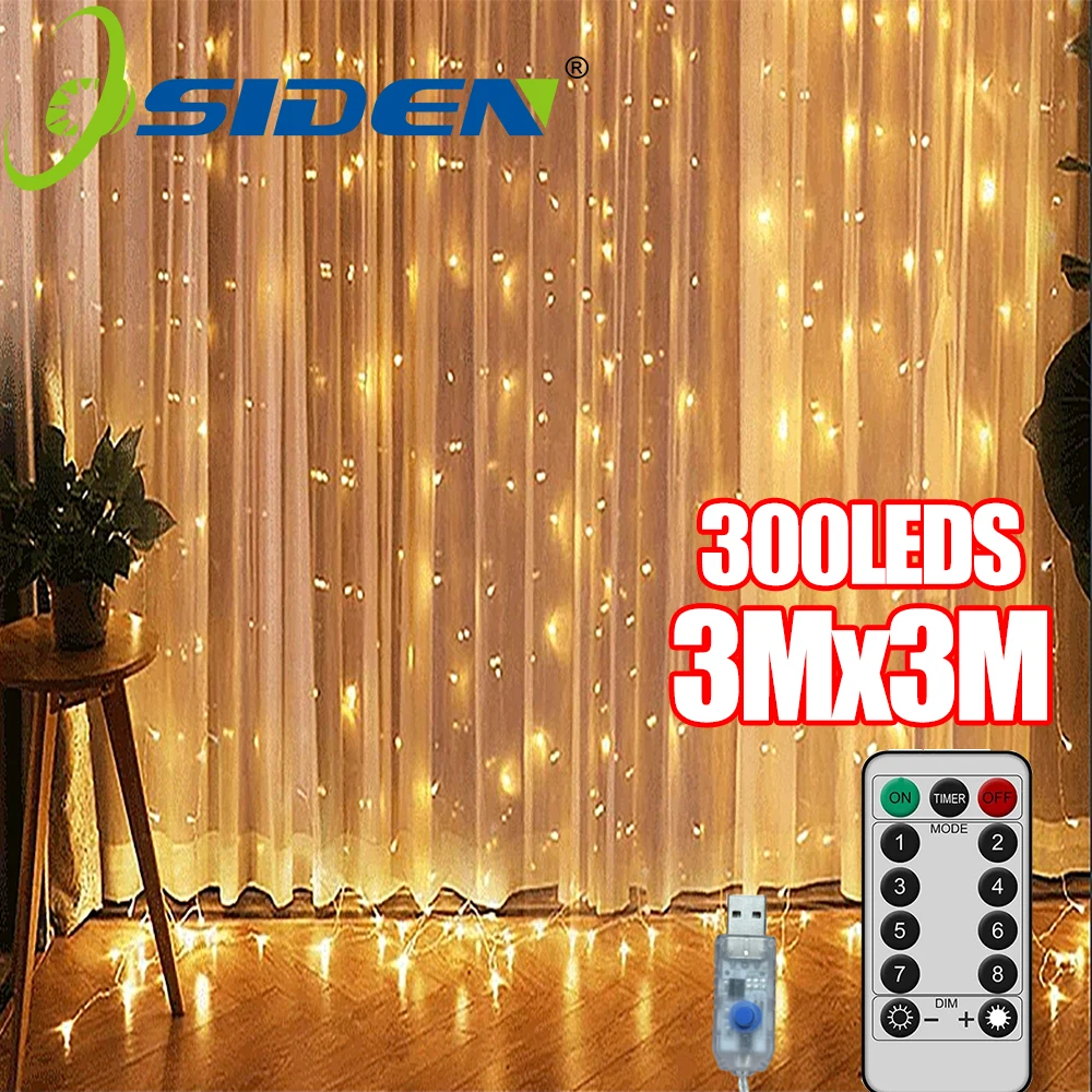 300LED Warm White Curtain Lights USB Powered Fairy Curtain Light String Remote Control 8-Mode Garlands Wedding Party Decoration