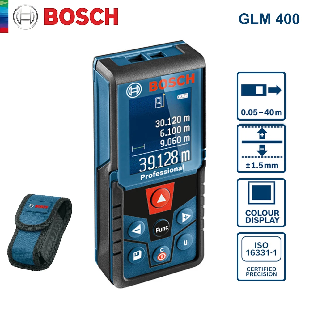 Лазерный дальномер Bosch GLM 400, измеритель расстояния с несколькими режимами, диапазон 40 м, высокая точность, цветной экран, Лазерная Лента, измерительные инструменты