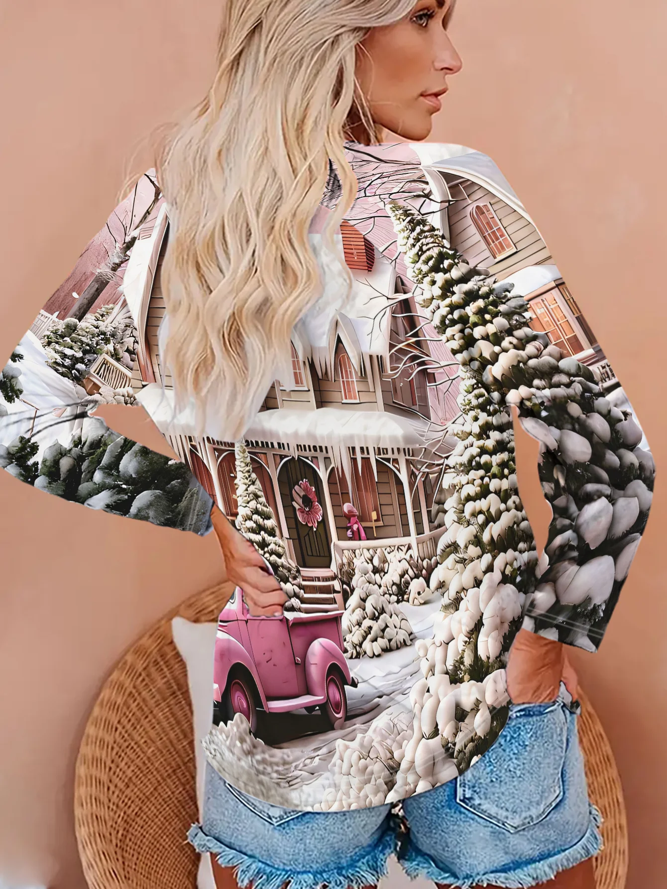 Women Round Neck Long Sleeve T‑shirt Winter Snow House Vintage Truck Print Holiday Tee Top Casual Daily Autumn Women's Clothes