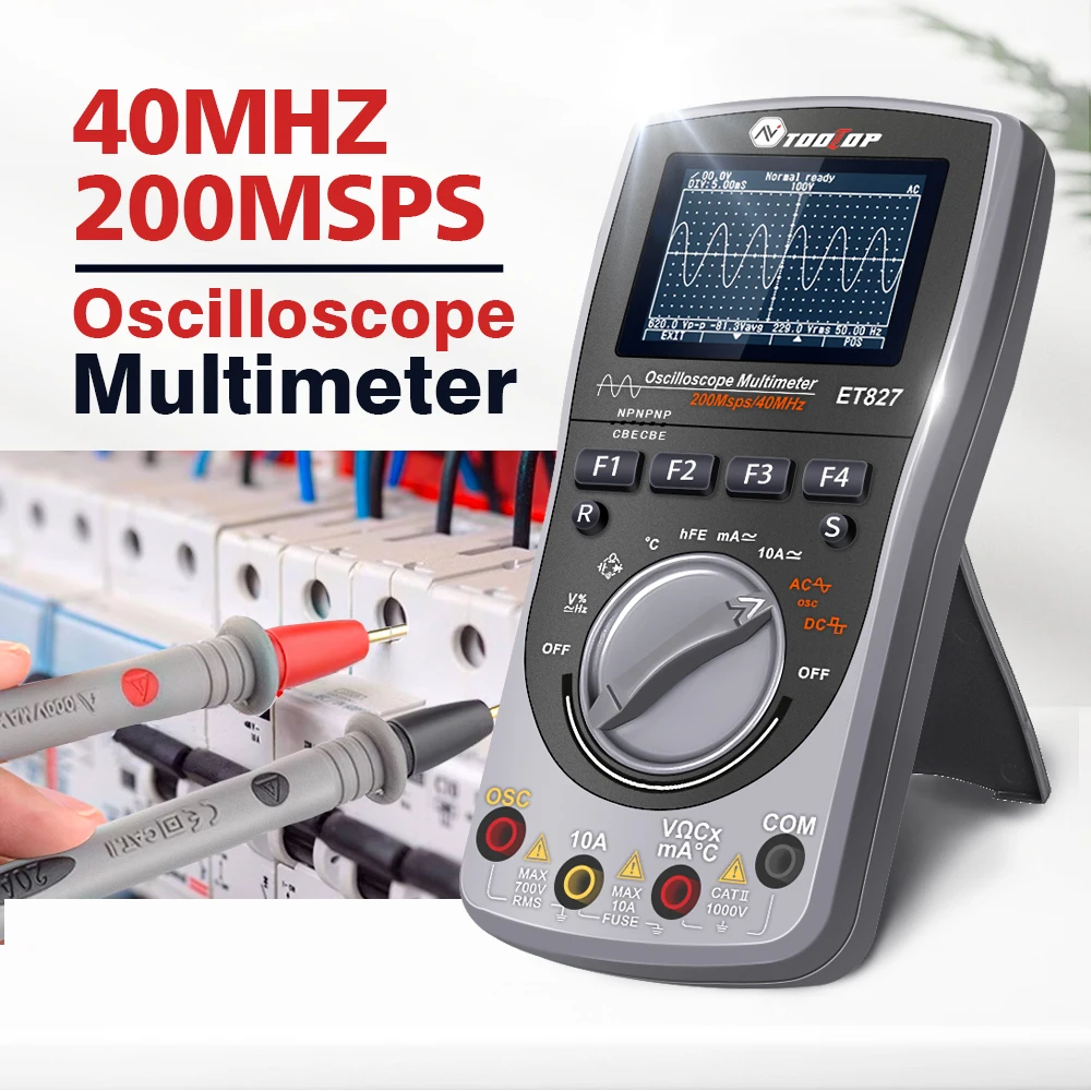 

ET827 40MHz Digital Oscilloscope Multimeter 6000 Counts True RMS 200Msps/S AC DC Voltage for Electronic Car Repair Tools