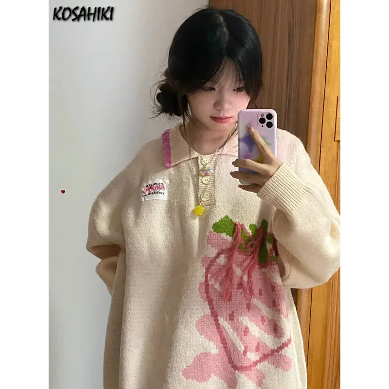

KOSAHIKI японский кавайный свитер женский Harajuku вязаный джемпер свободный повседневный контрастный трикотаж с клубникой топы милая уличная одежда
