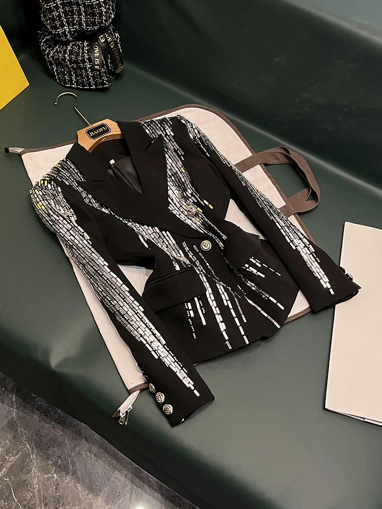 

Bla Diamond Embellied Heavy Work Jaet женский премиум-класса для поездок на работу Slim Fit Suiting Long Sve с двойной пуговицей