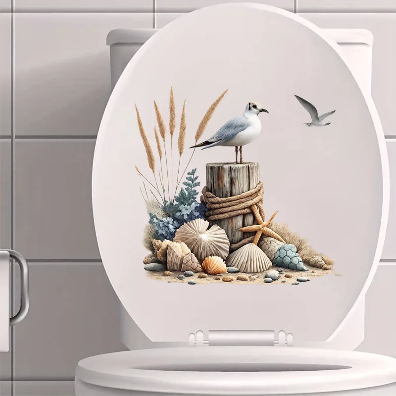Seagull Shell Detachable Toilet Seat Decal Paper Wall Door Decorative Sticker - Easy to Apply And Remove AA515