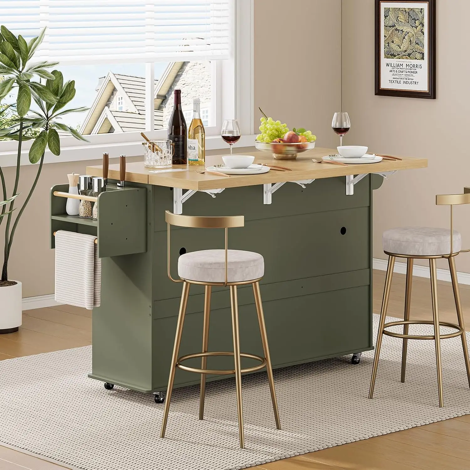 ONBRILL 60-Inch Rolling Kitchen Island Table, Foldable Drop-Leaf Countertop, Hidden Tilt-Out Trash Cabinet, 2 Storage Cabinets, 2 Drawers, 1500W Power Station & 5 Lockable Casters for Kitchen Dining Room