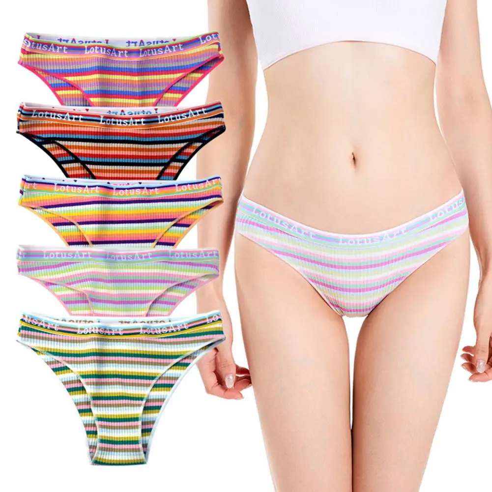 

Lady Underpants Cotton Sweat Absorbing Panty Contrast Color Stripe Print Ribbing Textures Lady Underwear For Home Briefs