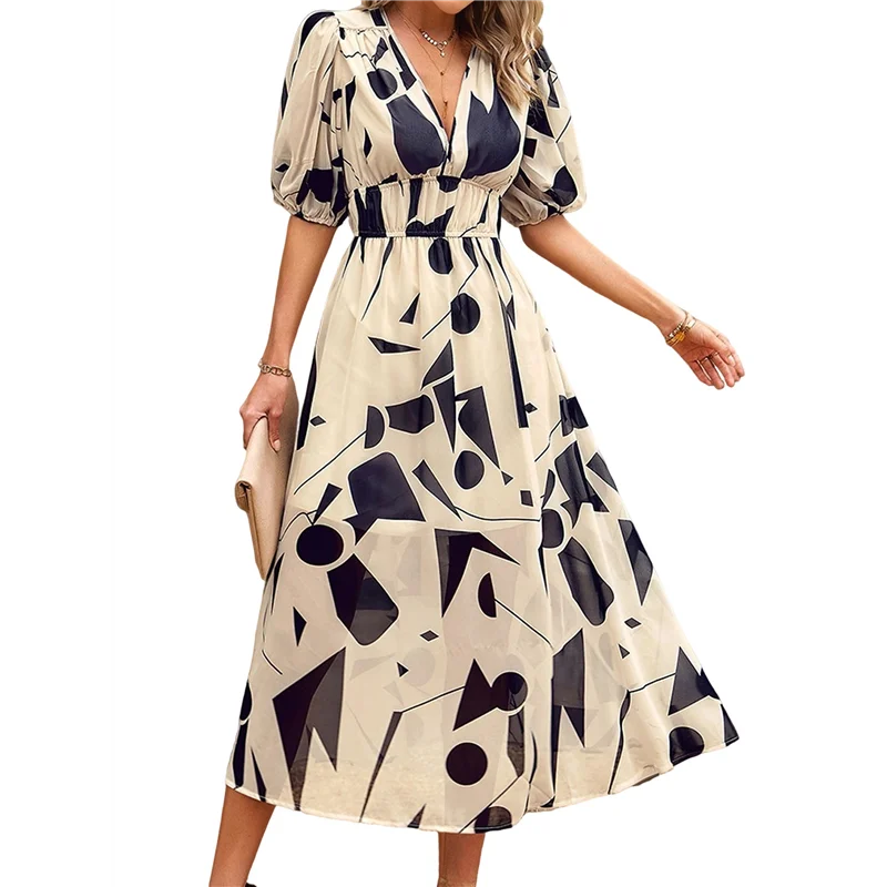 【Party-Decoration】Womens Summer Dresses 2025 Casual Puff Short Sleeve V Neck Floral Boho Maxi Dress