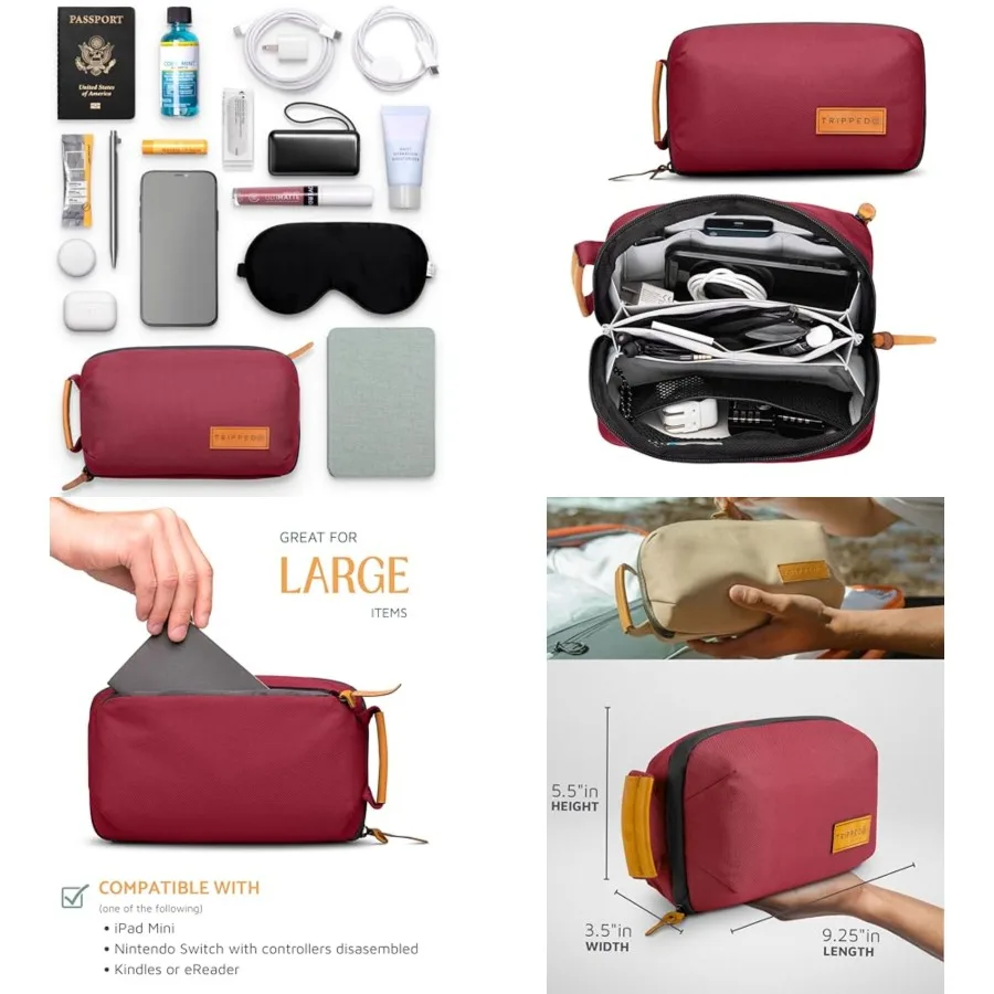 Tech Bag Organizer - Small Electronics Organizer Pouch for Travel - Premium Travel Case with Leather Accents - Mesh Pocket for