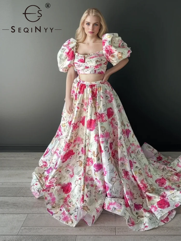 

SEQINYY Elegant Suit Summer Spring New Fashion Puff Sleeve Crop Top + A-Line Long Skirt Pink Flower Print Vintage Party