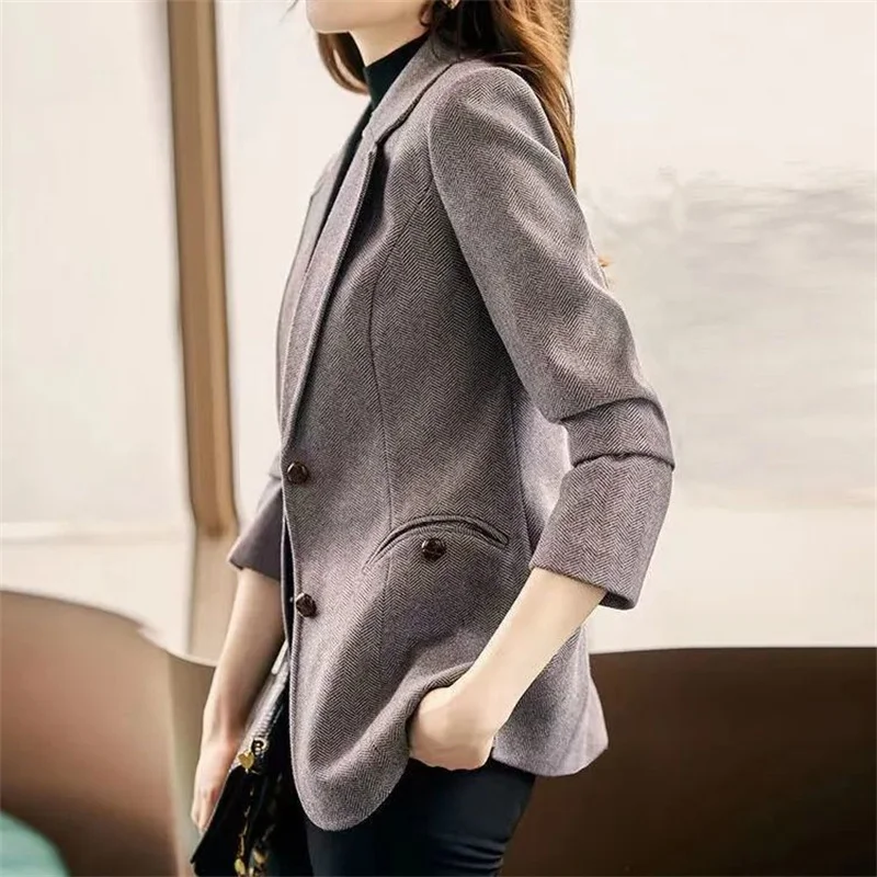 Female High-end Touching Herringbone Pattern Woolen Suit Jacket Women 2022 Autumn Winter New Temperament Grace Slim Small Blazer