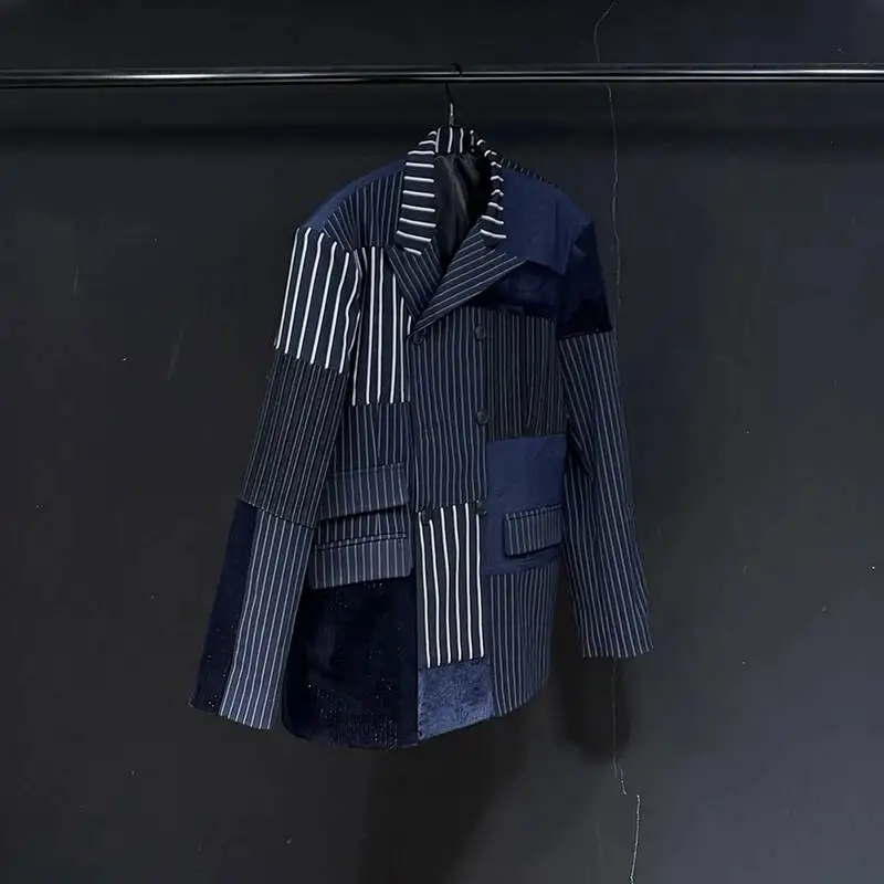 Trendy Patchwork Striped Men Blazer 2026 Spring New Loose Casual Double Breasted Long Sleeve Suit Jacket  NIQF