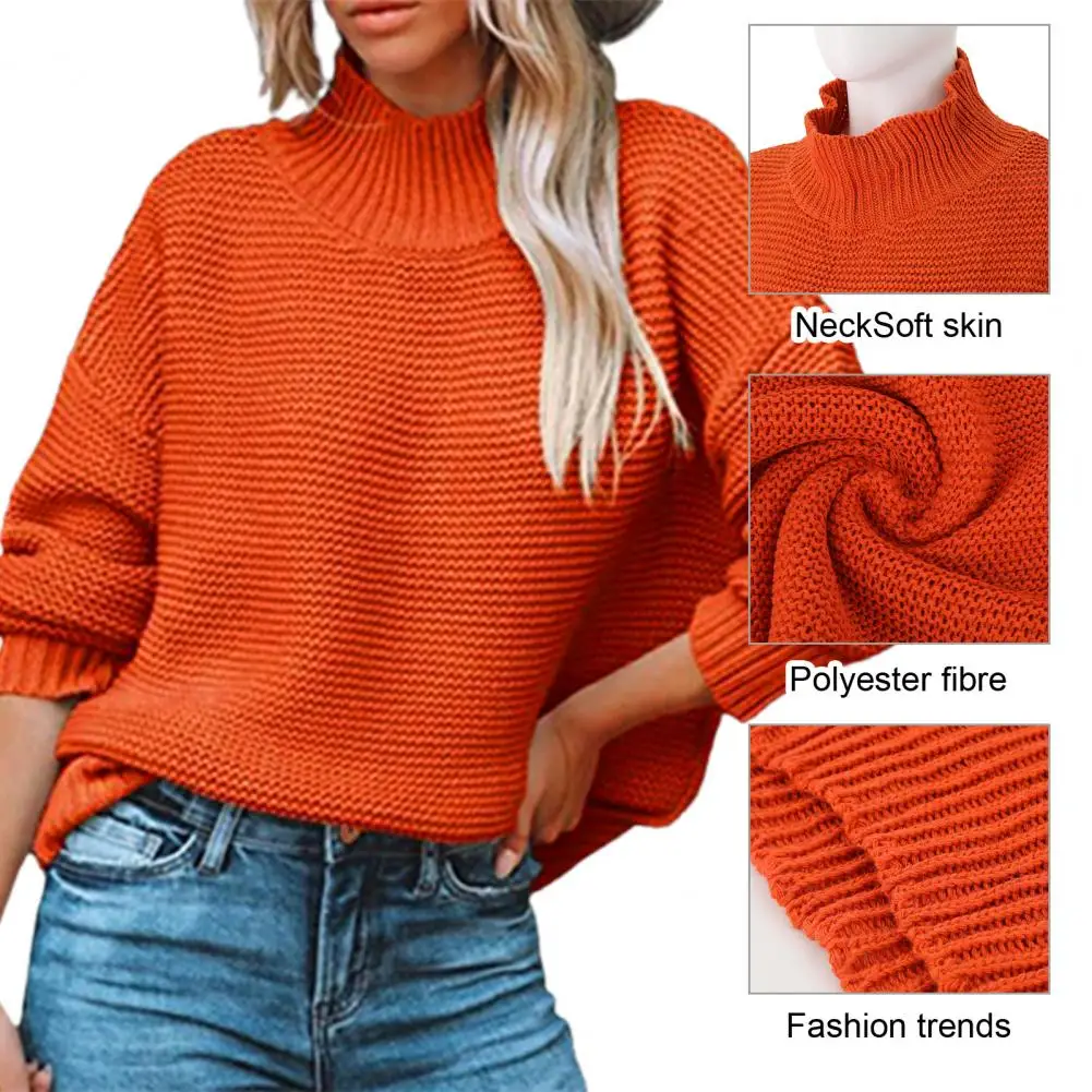 Knitted Texture Decoration Sweater Chic Oversized Pullover Sweater Women's Casual Knitting Tops with Half High Collar Long