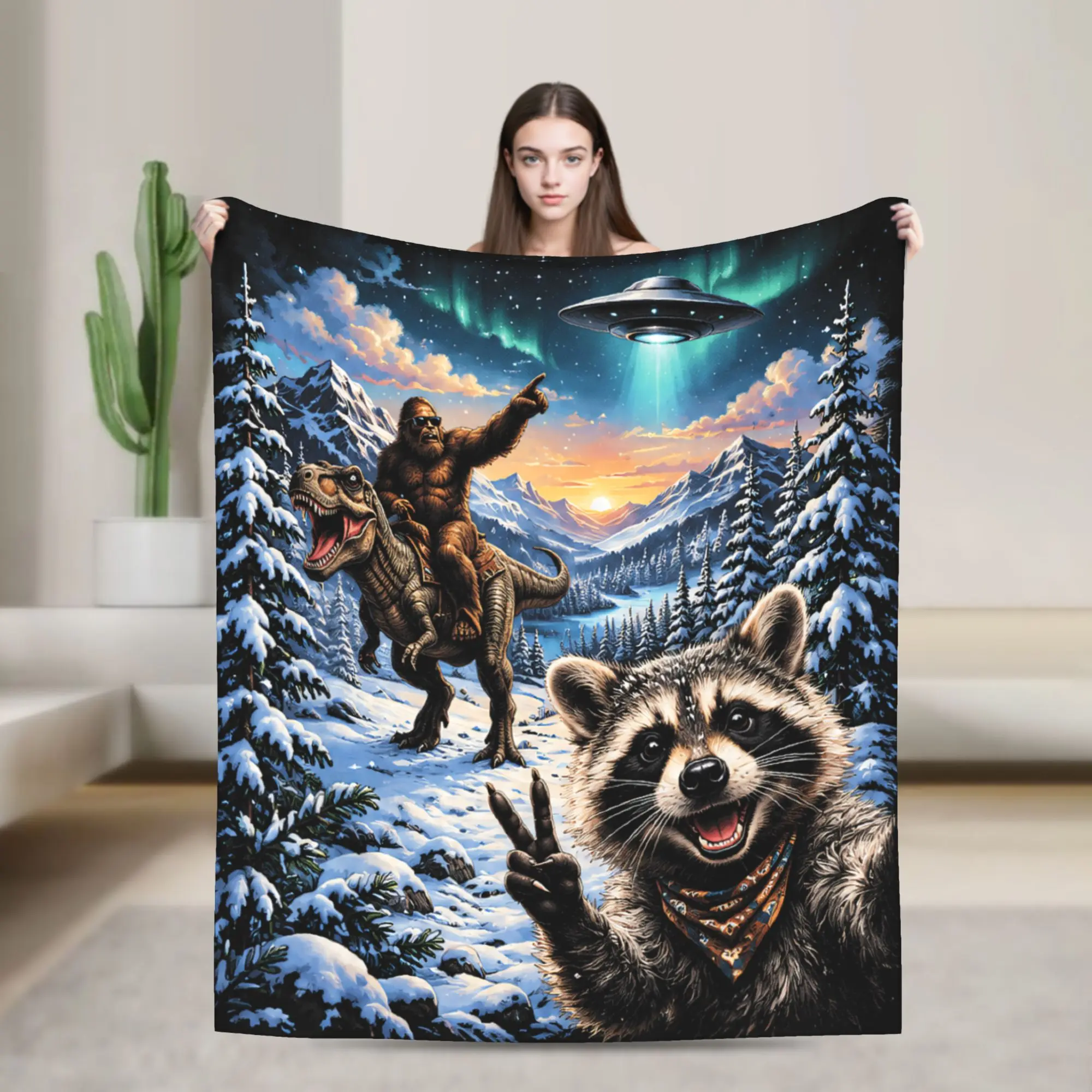 Funny Bigfoot Ride Dinosaur Raccoon Print Blanket For Men Women Super Soft Warm  Throw Blankets for Living Room Multiple Sizes