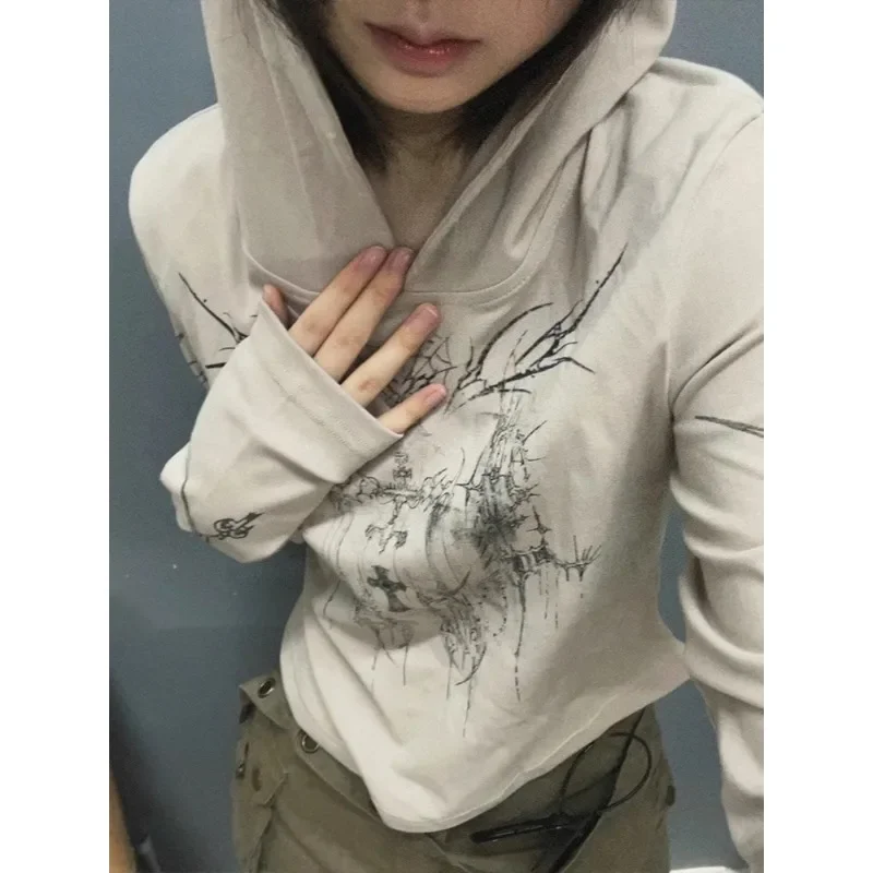 Y2k Subculture Long Sleeve Hoodies with Hooded Women Grunge Top Spring 2024 Autumn Short Basic Fashion Vintage Sweatshirts