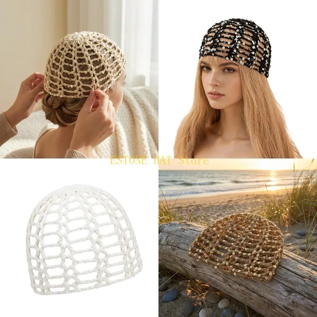 49MF Stylish Openwork Knitted Hair Bonnet Glitter Sparkling Embellishments Hat