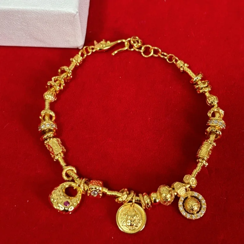 Wealth-Bringing Luxury AU999 24K Gold Fat Fortune Bracelet! Shiny Hammered Yellow God of Wealth,Planet Design, Fit for Any Wrist