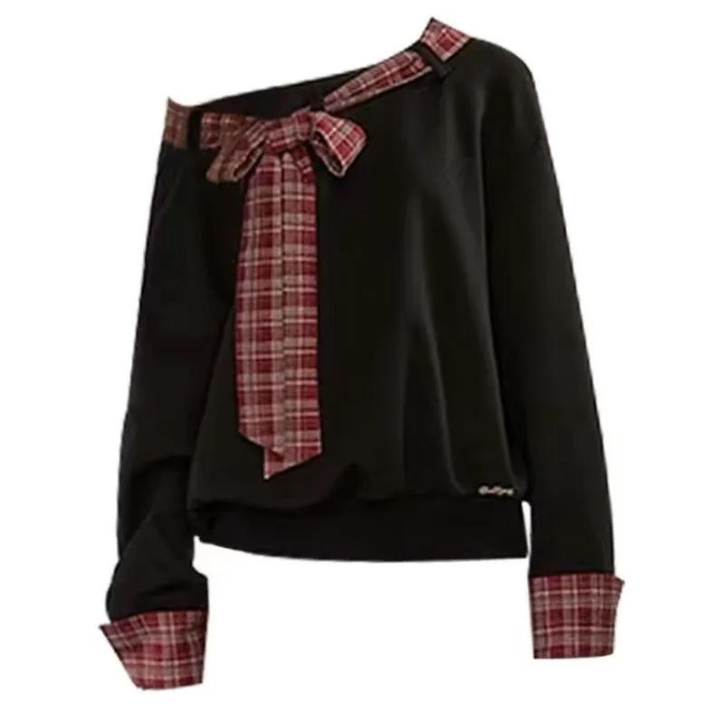 Vendita calda alla moda alla moda, carino, a quadretti, con fiocco legato, spalle scoperte, squisita felpa con cappuccio, vacanze primaverili, due maniche lunghe