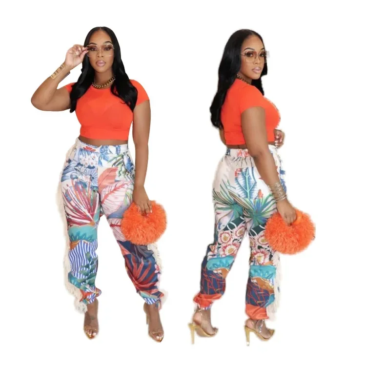 

Women Tassel Side Straight Wide Leg Pencil Pants Tie Dye Print Fashion 2024 Summer Street INS Jogger Safari Trousers