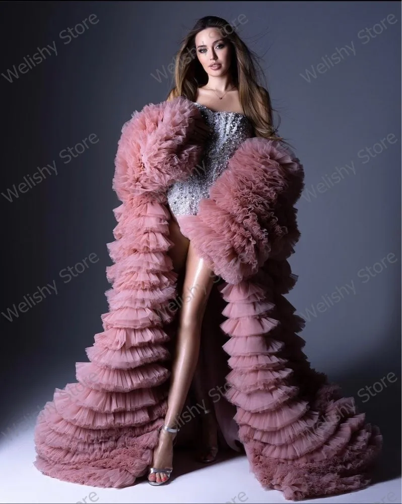 Gorgeous Fully Tutu Pleated Long Maternity Robes Luxury Two Pieces Puffy Tiered Ruffled Photography Tulle Coat & Shiny Bodysuit