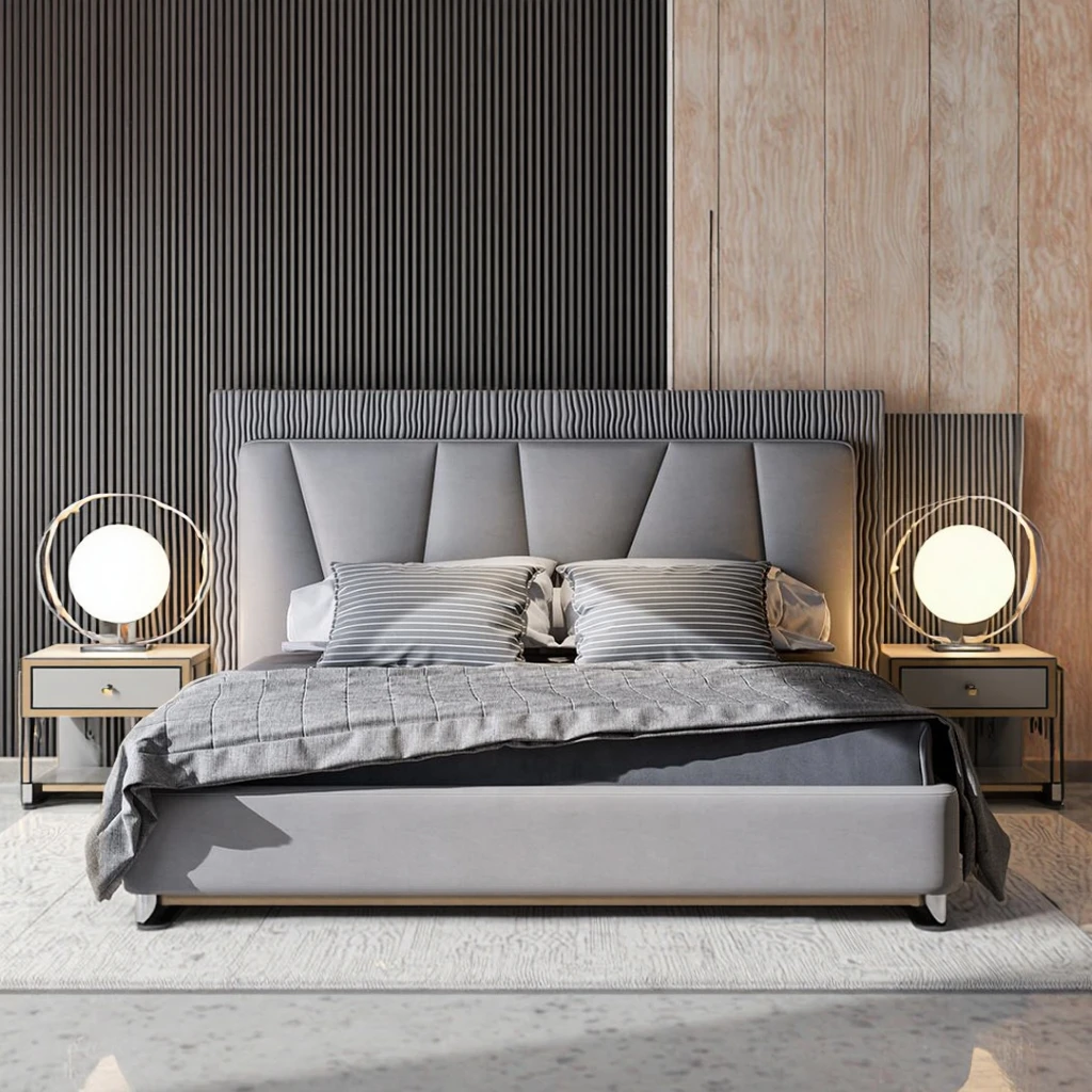 Leather King Size Couple Bed Classic Modern Luxury Beds with Headboard