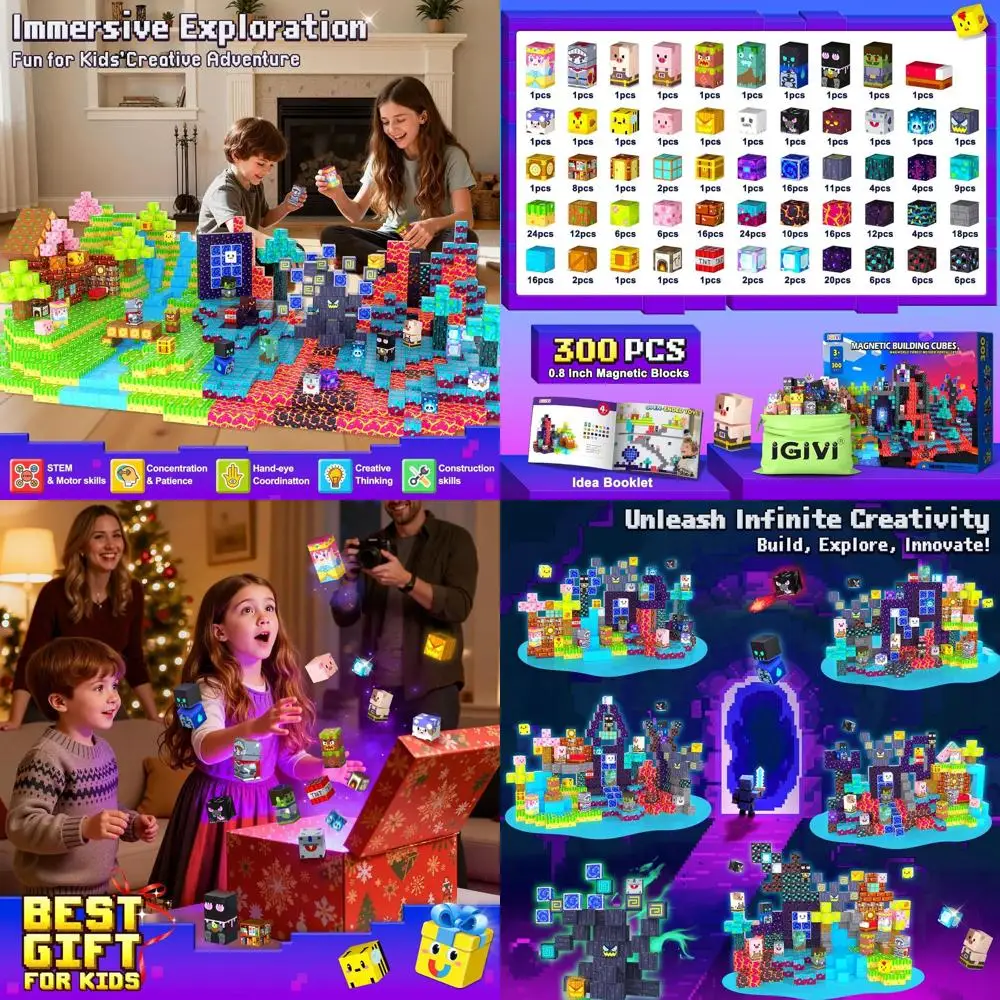 Ensemble de blocs de construction magnétiques: monde magnétique de Mine de 300 pièces pour enfants, jouets STEM et Montessori idéaux pour les 4 à 12 ans, cadeau parfait pour