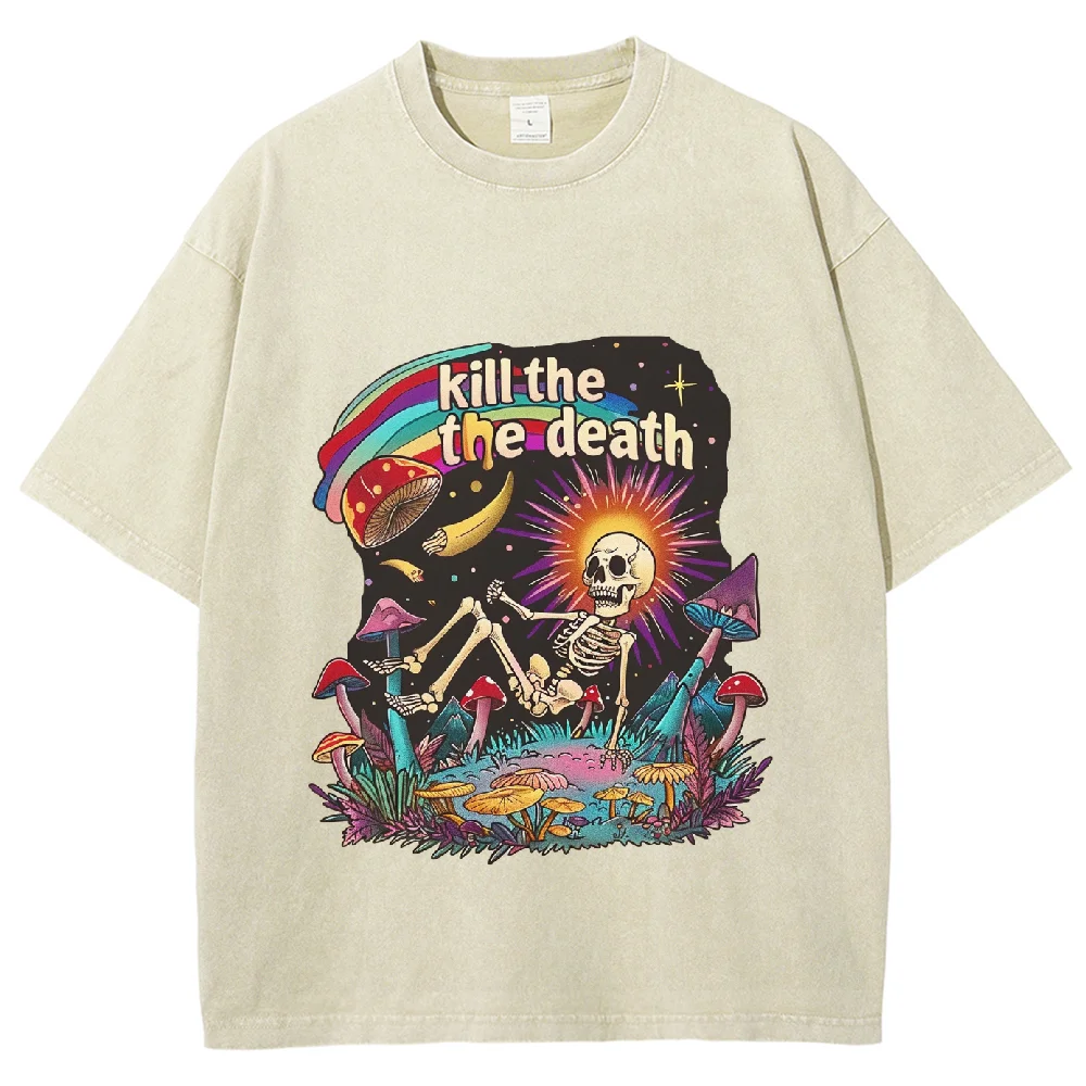 

Kill The Death Washed T-shirt, Skull Cartoon Mashroom Skeleton Print, Tops Street Comfortable Oversized Vintage Unisex Plus-size