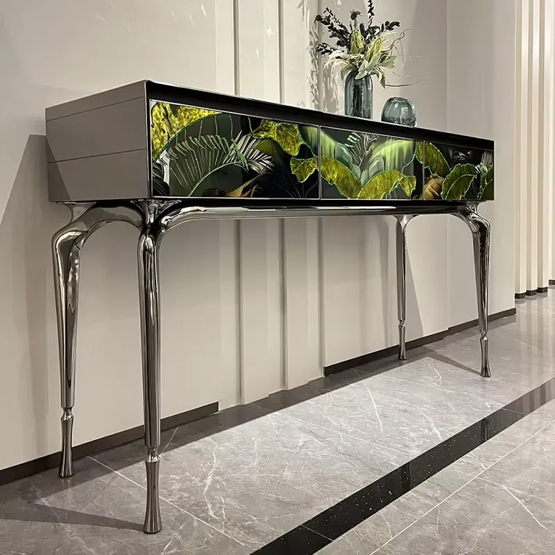 High-End Agate and Stainless Steel Entrance Table with Drawers Hotel Lobby Furniture for Home Living Room Villas Metal