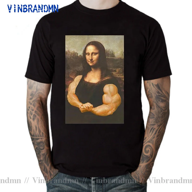 Humour Graphic Mona Lisa Bodybuilding TShirt Muscles Gym Parody Funny Hilarious Painting Casual pride t shirt men Fashion tshirt