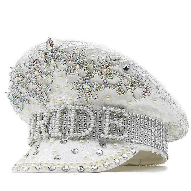 Women Bride Captain Hat Military Cap Sergeant Bridal Hat Hen Do Hat Festival Birthday Part Hat Luxury Rhinestone PA4748