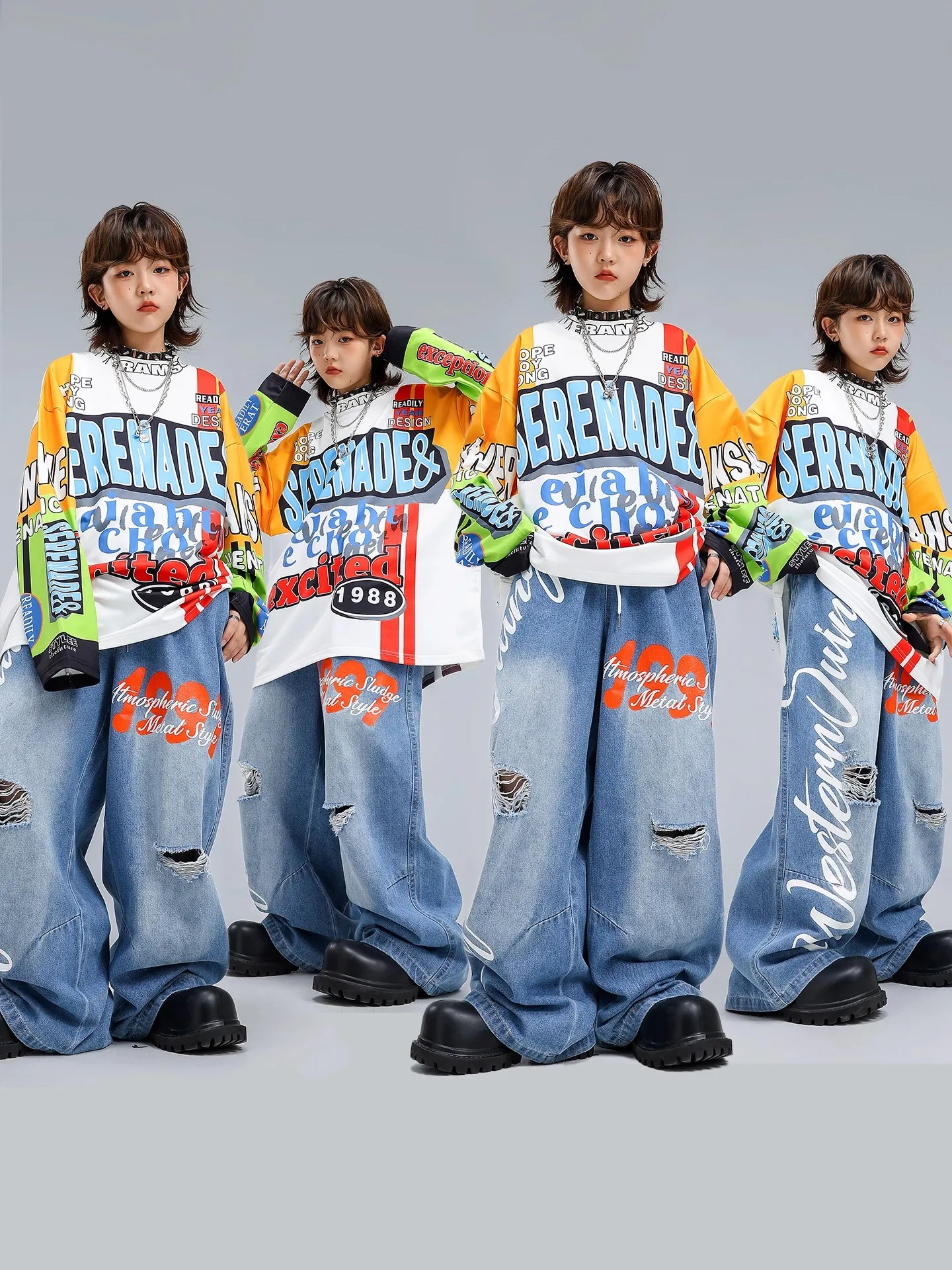 

Children Fashion Clothes Street Dance Boy Hip Hop Jazz Dance Costumes Loose Print Suit Top Jeans Practice Clothing Wear DQL11899