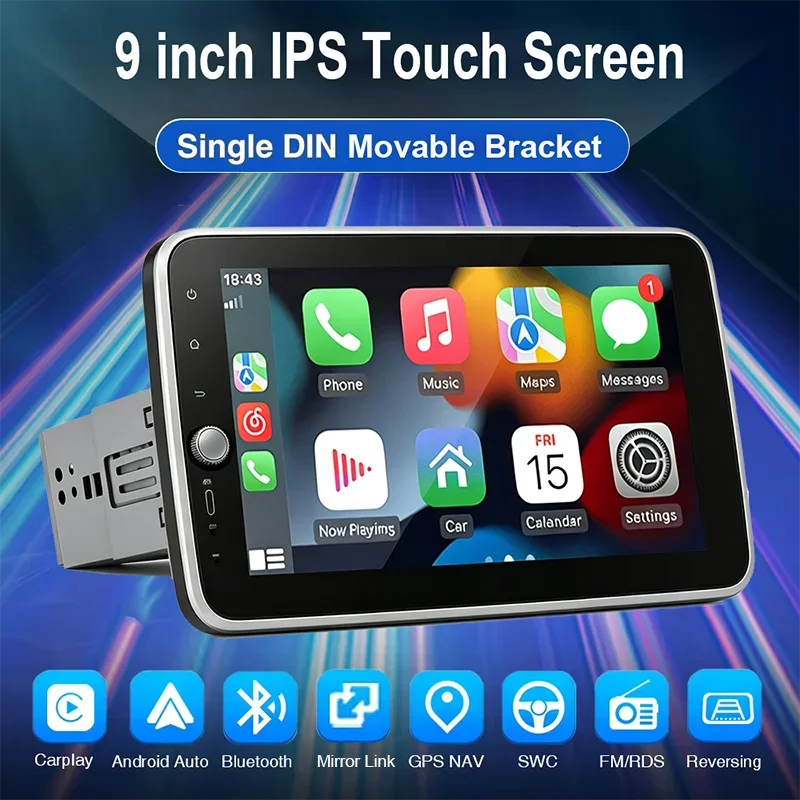 Universal 1DIN 9 Inch Adjustable Car Multimedia Stereo Radio Wireless CarPlay Android Auto Mirror Link Bluetooth FM Player