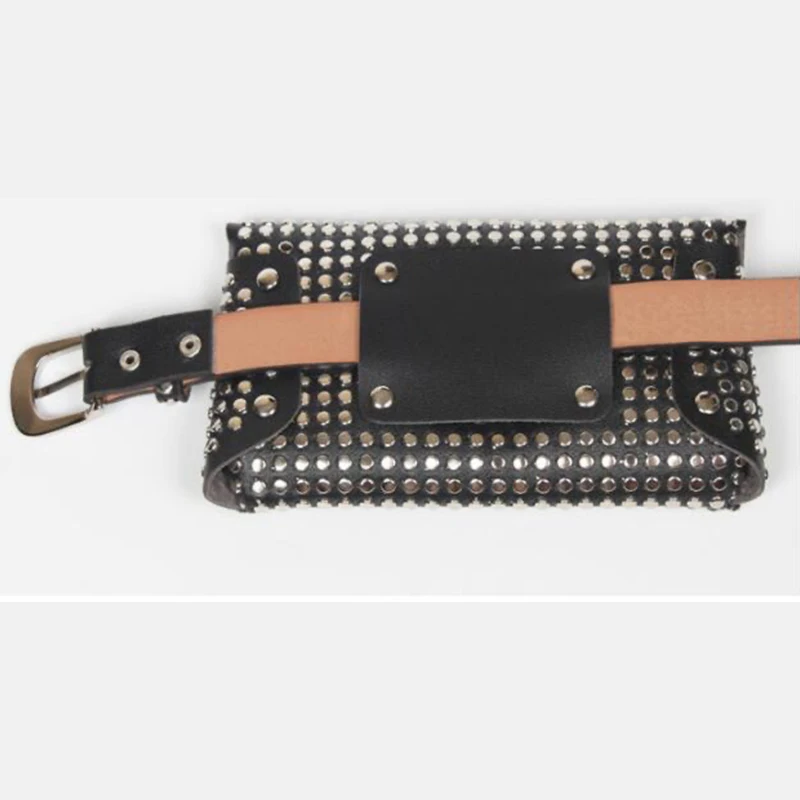 New Fashion Versatile Mobile Phone Small Waistpack Punk Style Rivet Black Belt Style Bag Women's Fine Belt Decoration