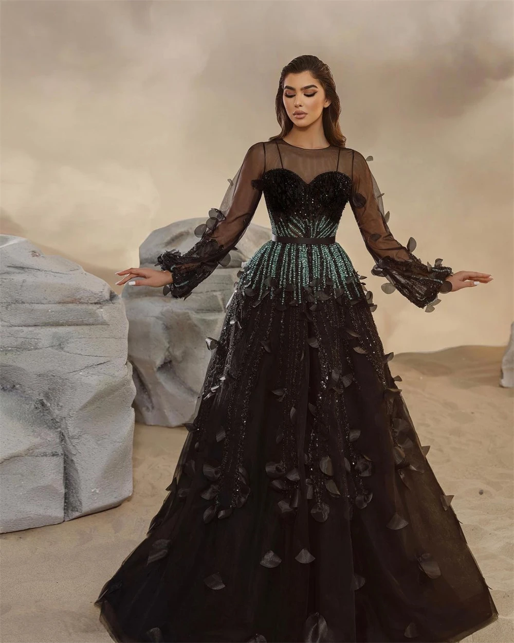 AGLEAProm-vestido exquisito con cuello Barco, manga larga, línea A, gasa, Formal, vestidos de noche