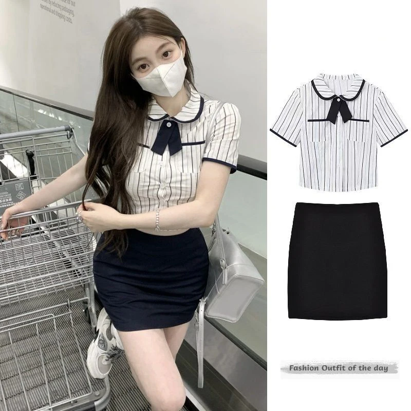 Korean Style JK Uniform Set Two-piece Girls Short Sleeve Striped Shirts Summer Collect Waist Slim Blouse Hip Wrap Skirt Students