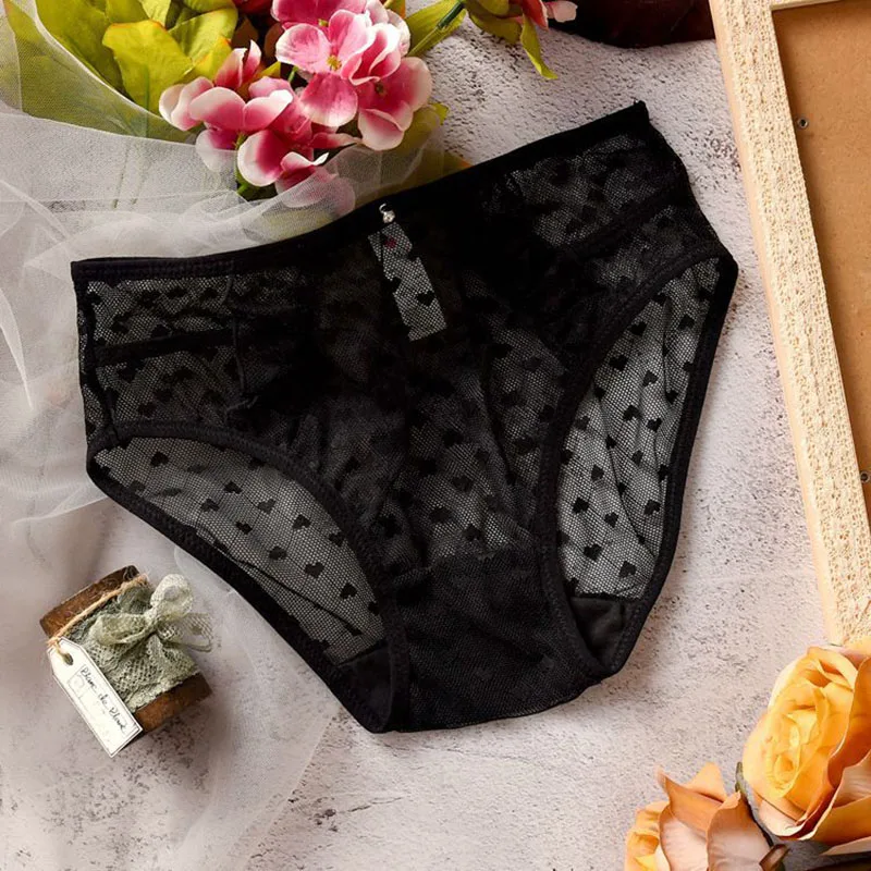 Ultra Thin Lace Mesh See Through Panties Cute Lolita Kawaii Heart Printing Sexy Drill Lingerie Plus Size Female Underwear 6XL