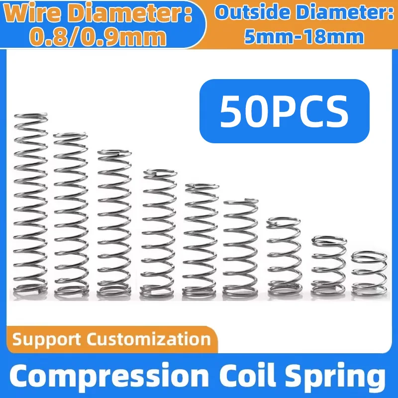 50PCS Wire Diameter 0.8mm/0.9mm Strong Spring Steel 65Mn Compression Spring OD 5mm-18mm Length 20mm~50mm