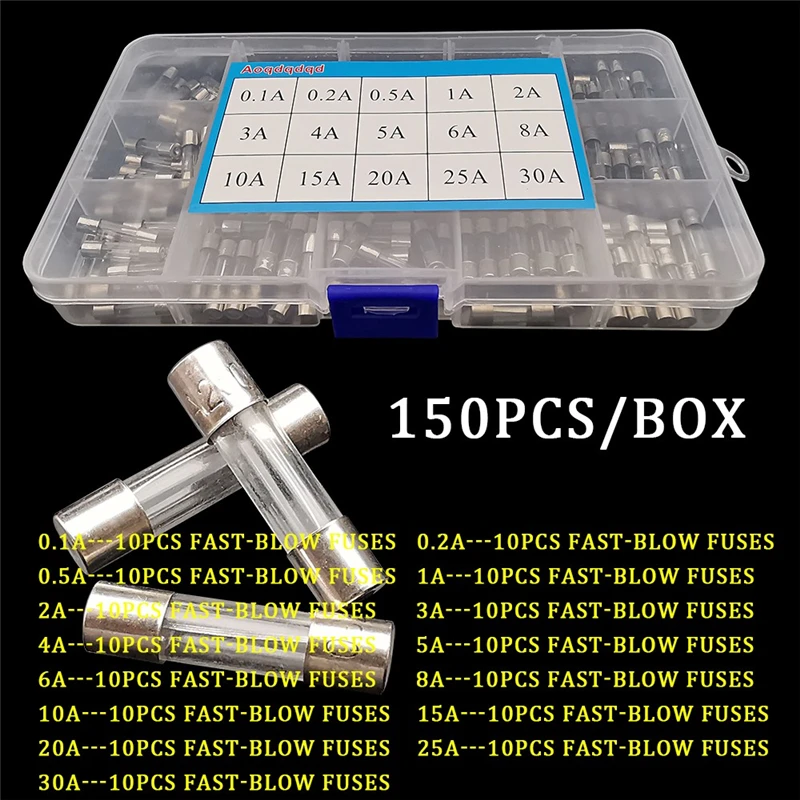 150PCS 5X20mm glass fuse sample box 15 kinds of 0.1A-30A fuse set