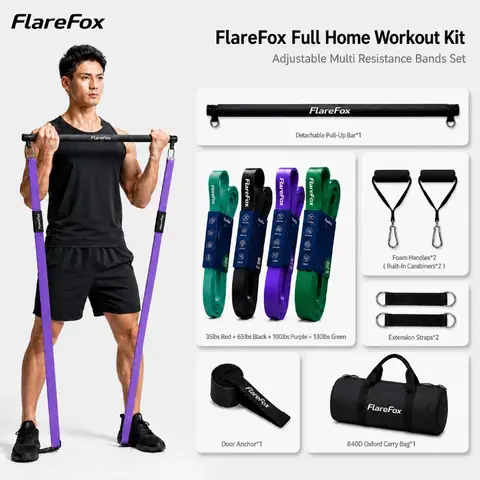 Training Strength Equipment FlareFox Adjustable Multi Resistance Bands Push-pull Rod Pull-Up Assist Strap Strength Training Home Gym Equipment Workout Kit